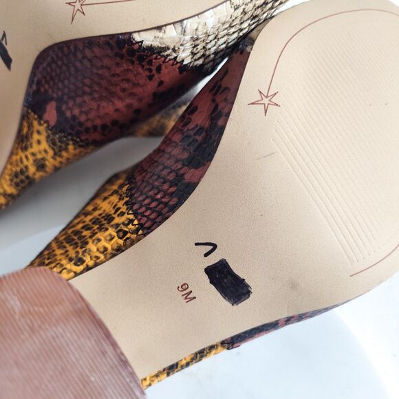 Gibson Latimer Snakeskin Goat Leather Size 9 Open Toe Block Heels Brown Yellow - Picture 11 of 12